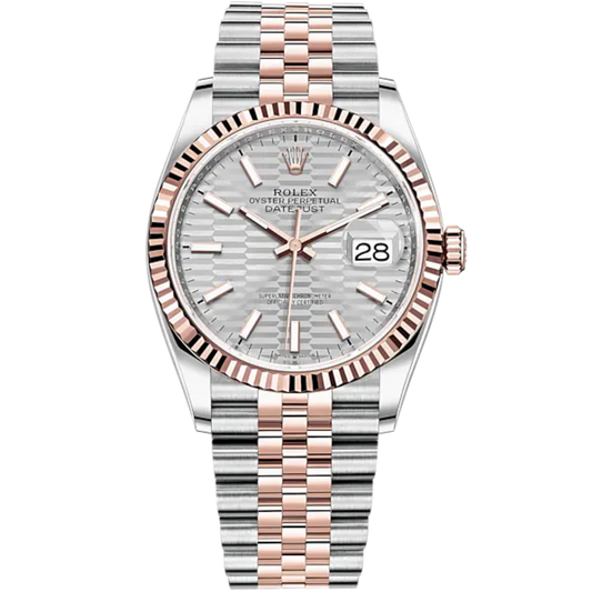 Datejust 36 36mm Oystersteel Jubilee Bracelet and Everose Gold with Silver Palm-Motif Dial Fluted Bezel