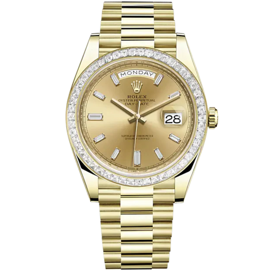 Day-Date 40 40mm President Bracelet and 18 KT Yellow Gold with Champagne-Colour Dial Diamond-Set Dial and Diamond-Set Bezel