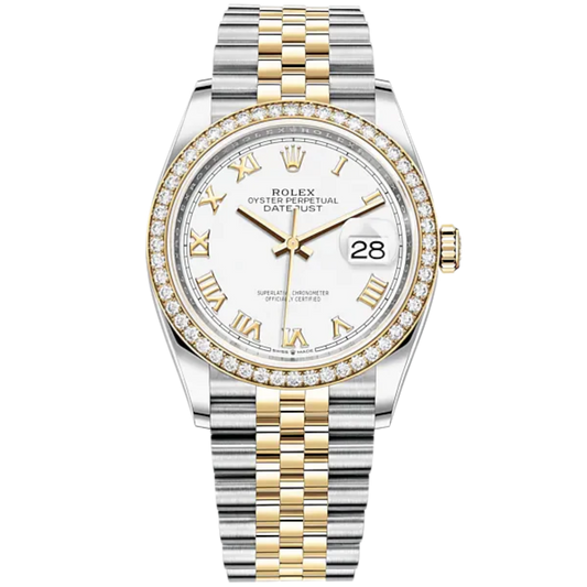 Datejust 36 36mm Oystersteel Jubilee Bracelet and Yellow Gold with White Dial Diamond-Set Beze