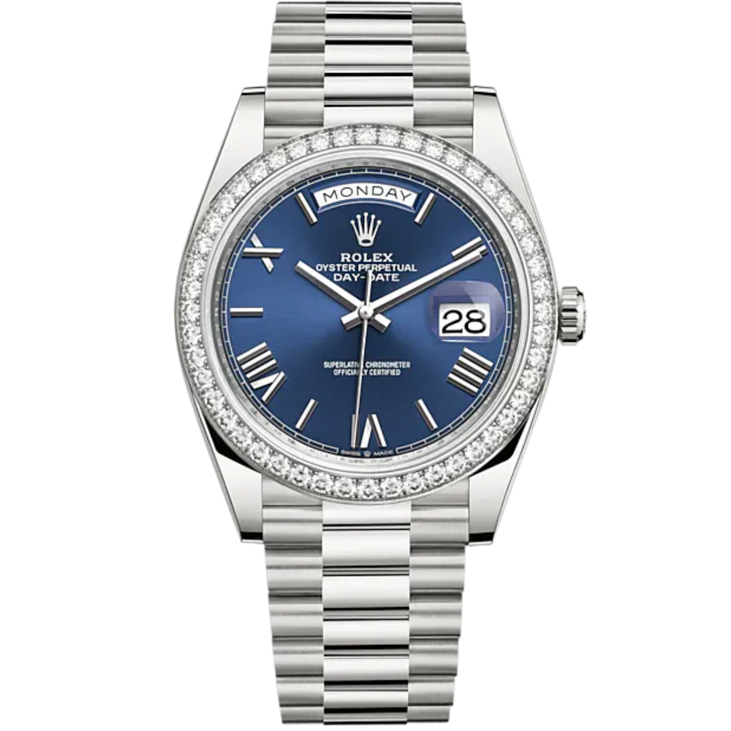 Day-Date 40 40mm President Bracelet and 18 KT White Gold with Bright Blue Dial and Diamond-Set Bezel