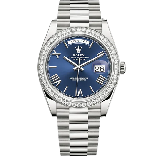 Day-Date 40 40mm President Bracelet and 18 KT White Gold with Bright Blue Dial and Diamond-Set Bezel