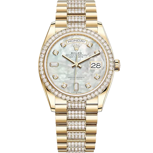 Day-Date 36 36mm President Bracelet and 18 KT Yellow Gold with White Mother-of-Pearl Dial Diamond-Set Dial Diamond-Set Bezel