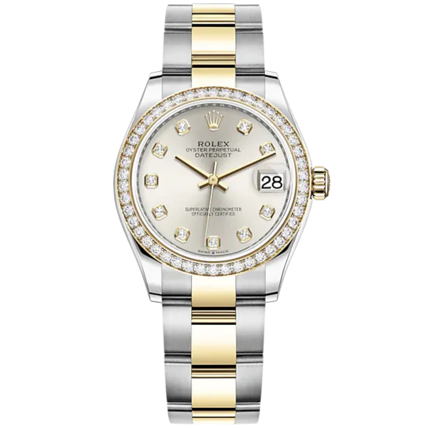 Datejust 31 31mm Oyster Bracelet Oystersteel and Yellow Gold with Silver Diamond-Set Dial Diamond-Set Bezel