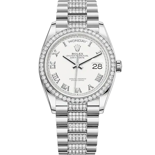 Day-Date 36 36mm President Bracelet and 18 KT White Gold with White Dial Diamond-Set Bezel