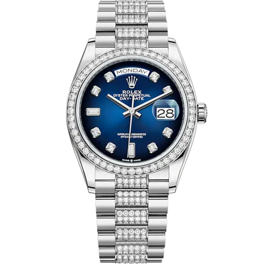 Day-Date 36 36mm President Bracelet and 18 KT White Gold with White Dial Blue Ombré Dial Diamond-Set Dial Diamond-Set Bezel
