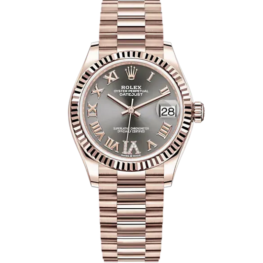 Datejust 31 31mm President Bracelet and 18 CT Everose Gold with Slate Diamond Dial Fluted Bezel