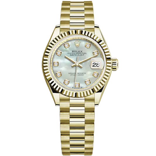 Lady-DateJust 28mm President Bracelet and 18 KT Yellow Gold with White Mother-of-Pearl Dial Diamond-Set Dial Fluted Bezel