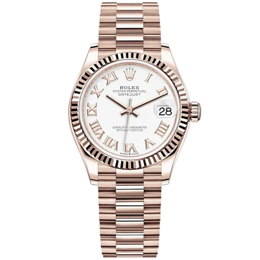 Datejust 31 31mm President Bracelet and 18 CT Everose Gold with White Dial Fluted Bezel