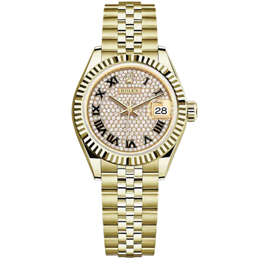 Lady-DateJust 28mm Jubilee Bracelet and 18 KT Yellow Gold with Diamond-Paved Dial Fluted Bezel