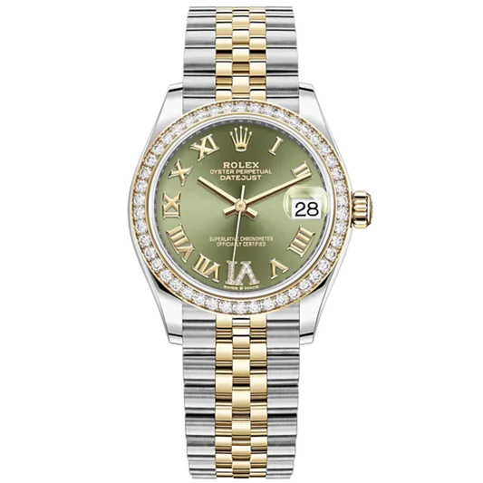 Datejust 31 31mm Jubilee Bracelet Oystersteel and Yellow Gold with Olive-Green Diamond Dial Diamond-Set Bezel