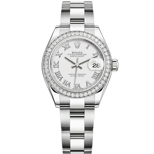Lady-DateJust 28mm Oyster Oystersteel Bracelet and White Gold with White Dial Diamond-Set Bezel