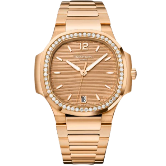 7118-1200R-010 Nautilus Ladies 35.2mm Rose Gold Bracelet Golden Brown Opaline Embossed Dial Octagonal Diamond Bezel