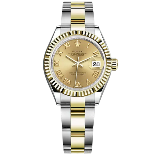 Lady-DateJust 28mm Oyster Oystersteel Bracelet and Yellow Gold with Champagne-Colour Dial Fluted Bezel