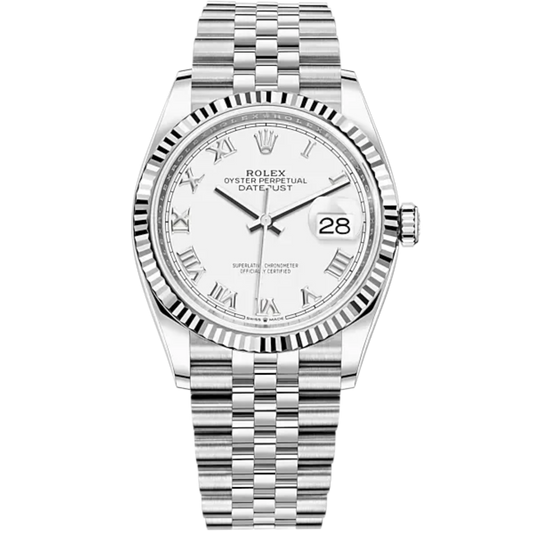 Rolex Datejust Ref. 126234 36mm White Gold Jubilee Bracelet White Roman Dial Fluted Bezel