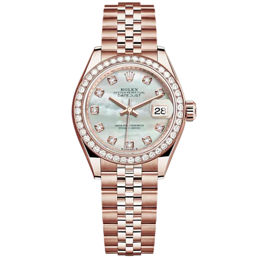 Lady-DateJust 28mm Jubilee Bracelet and 18 KT Everose Gold with White Mother-of-Pearl Dial Diamond-Set Dial Diamond-Set Bezel