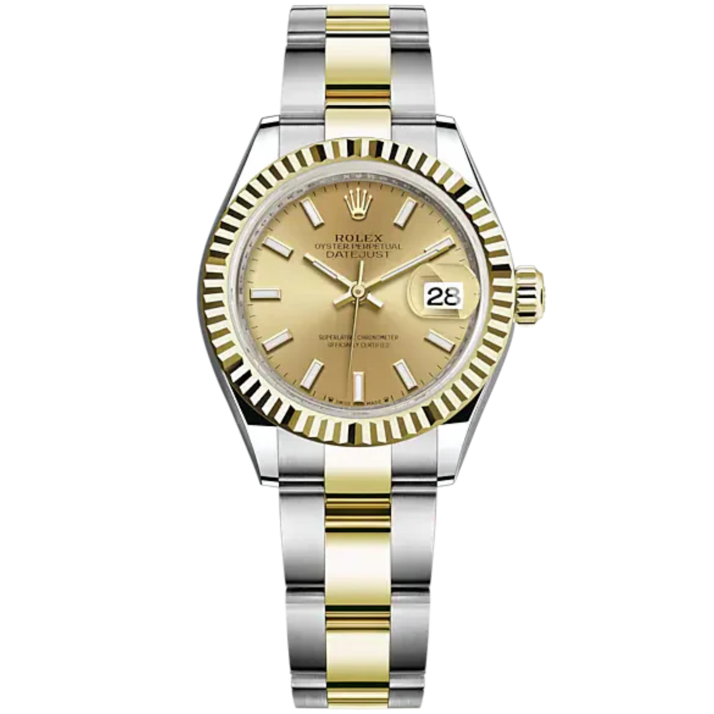 Lady-DateJust 28mm Oyster Oystersteel Bracelet and Yellow Gold with Champagne-Colour Dial Fluted Bezel