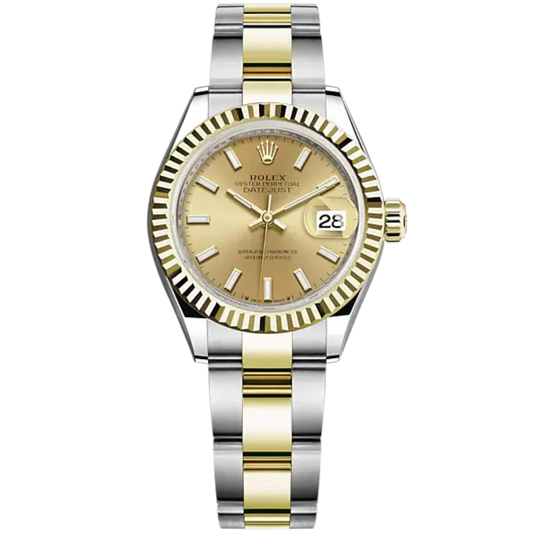 Lady-DateJust 28mm Oyster Oystersteel Bracelet and Yellow Gold with Champagne-Colour Dial Fluted Bezel