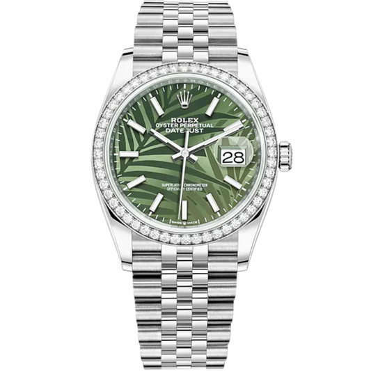 Datejust 36 36mm Oystersteel Jubilee Bracelet and White Gold with Olive-Green Palm-Motif Dial Diamond-Set Bezel