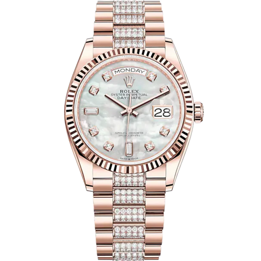 Day-Date 36 36mm President Bracelet and 18 KT Everose Gold with White Mother-of-Pearl Dial Diamond-Set Dial Fluted Bezel
