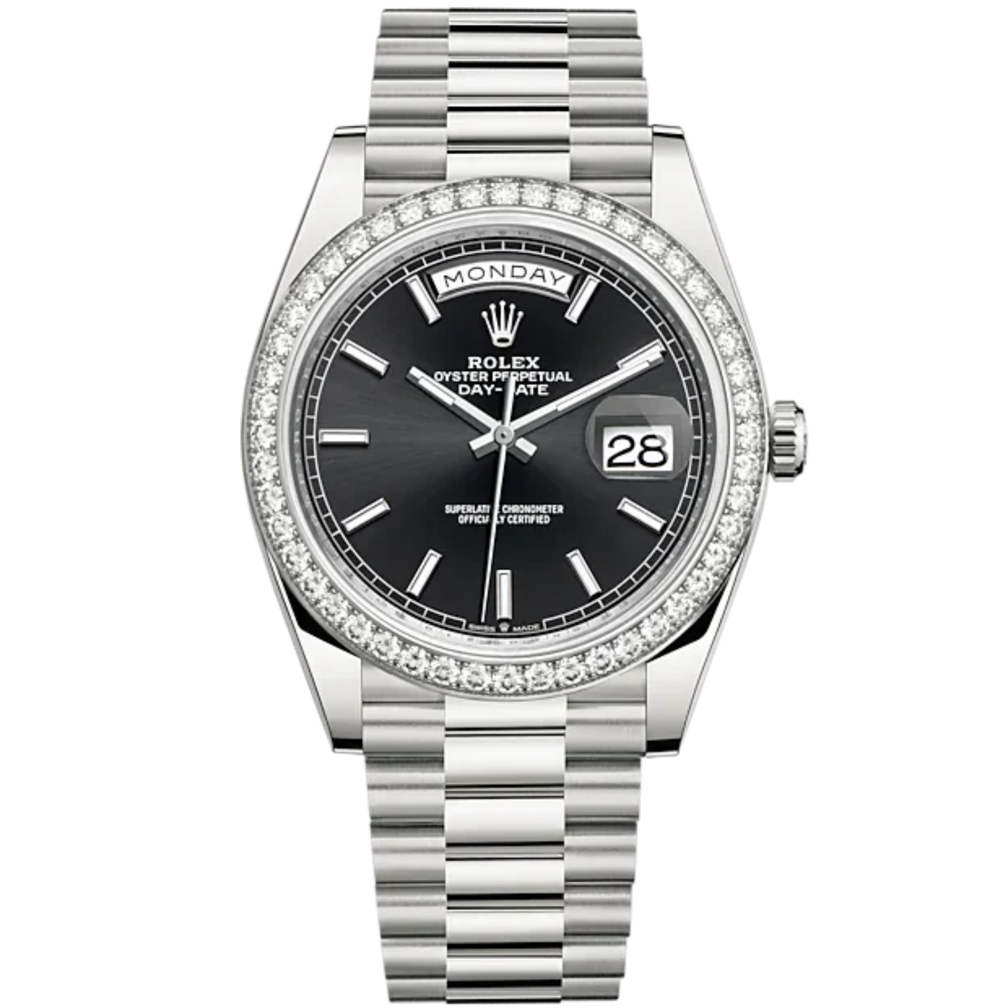 Day-Date 40 40mm President Bracelet and 18 KT White Gold with Bright Black Dial and Diamond-Set Bezel
