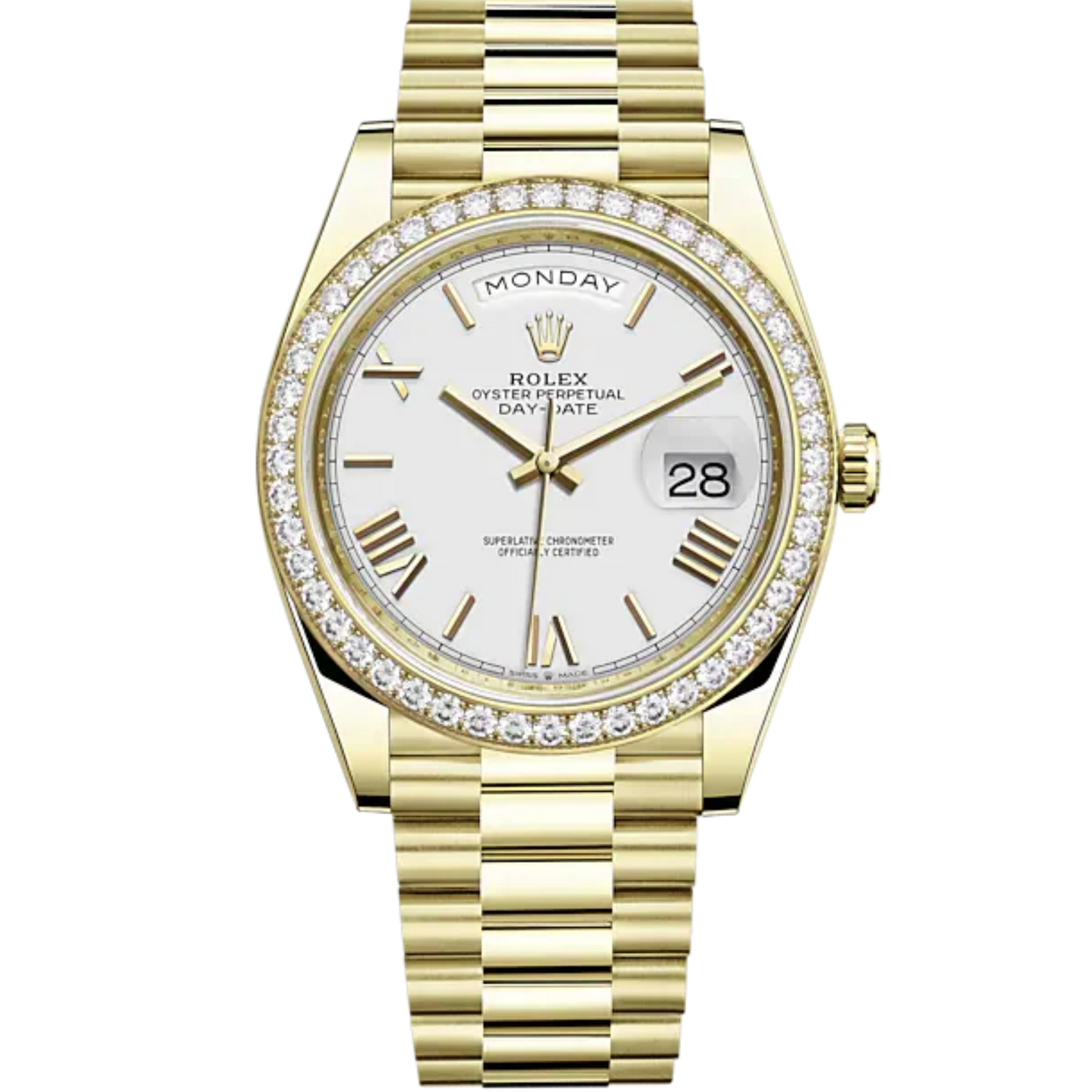 Day-Date 40 40mm President Bracelet and 18 KT Yellow Gold with White Dial and Diamond-Set Bezel