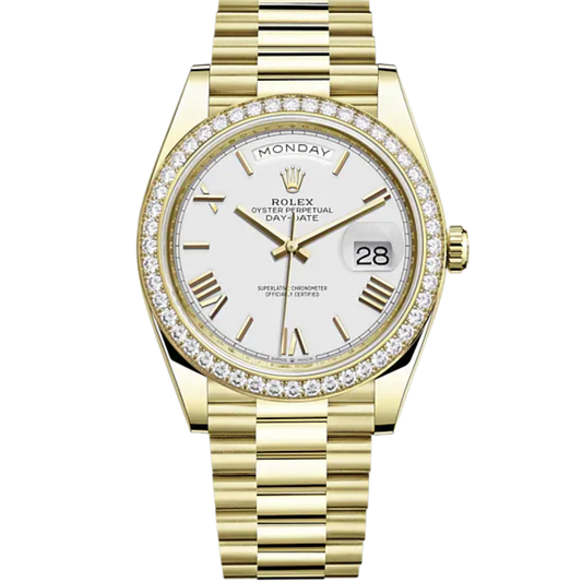 Rolex Day Date Ref. 228348RBR Yellow Gold White Roman Dial Diamond Bezel