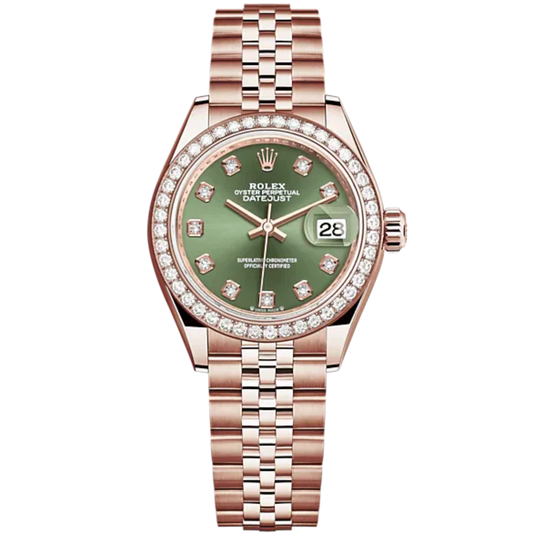 Lady-DateJust 28mm Jubilee Bracelet and 18 KT Everose Gold with Olive-Green Dial Diamond-Set Dial Diamond-Set Bezel