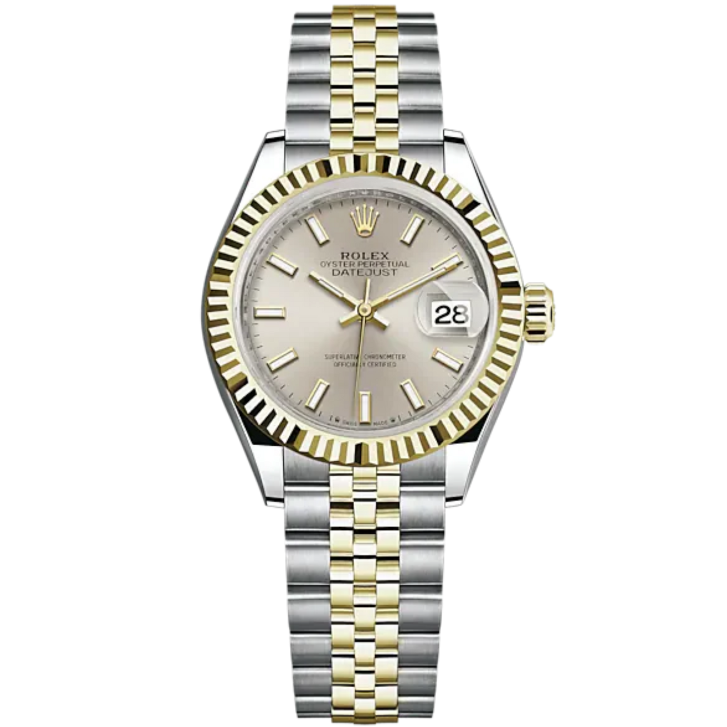 Lady-DateJust 28mm Oystersteel Jubilee Bracelet and Yellow Gold with Silver Dial Fluted Bezel