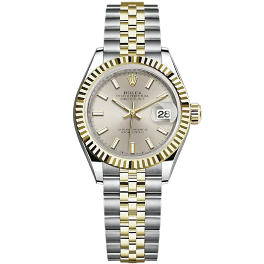 Lady-DateJust 28mm Oystersteel Jubilee Bracelet and Yellow Gold with Silver Dial Fluted Bezel