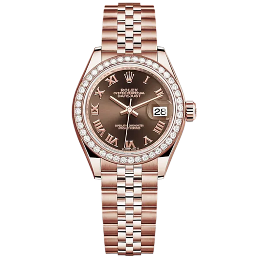 Lady-DateJust 28mm Jubilee Bracelet and 18 KT Everose Gold with Chocolate Dial Diamond-Set Bezel