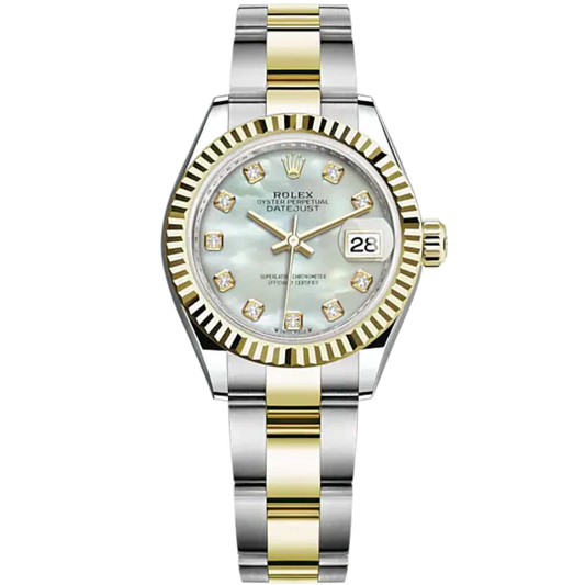 Lady-DateJust 28mm Oyster Oystersteel Bracelet and Yellow Gold with White Mother-of-Pearl Dial Diamond-Set Dial Fluted Bezel