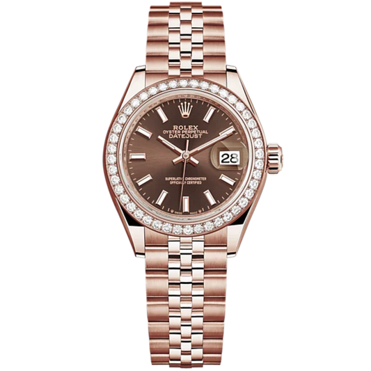 Lady-DateJust 28mm Jubilee Bracelet and 18 KT Everose Gold with Chocolate Dial Diamond-Set Bezel