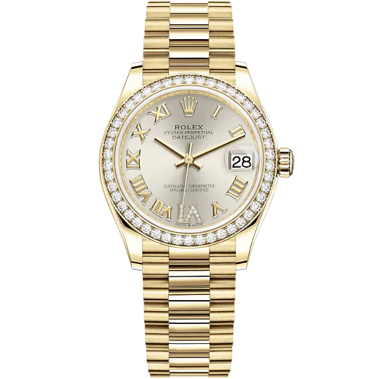 Datejust 31 31mm President Bracelet and 18 CT Yellow Gold with Silver Diamond Dial Diamond-Set Bezel