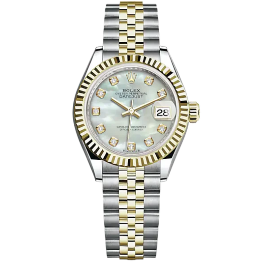 Lady-DateJust 28mm Oystersteel Jubilee Bracelet and Yellow Gold with White Mother-of-Pearl Dial Diamond-Set Dial Fluted Bezel