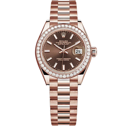 Lady-DateJust 28mm President Bracelet and 18 KT Everose Gold with Chocolate Dial Diamond-Set Bezel