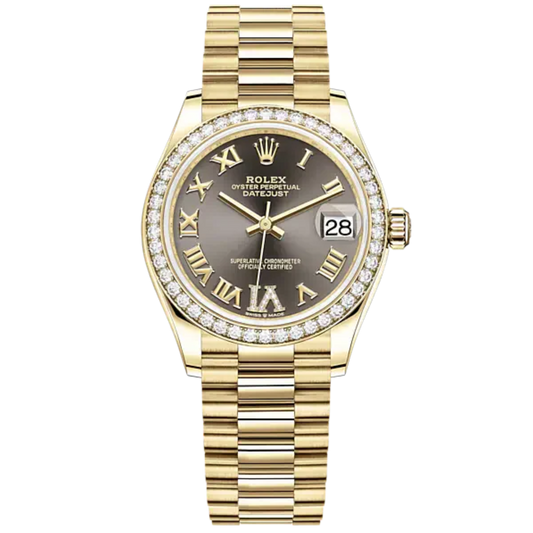 Datejust 31 31mm President Bracelet and 18 CT Yellow Gold with Dark Grey Diamond Dial Diamond-Set Bezel