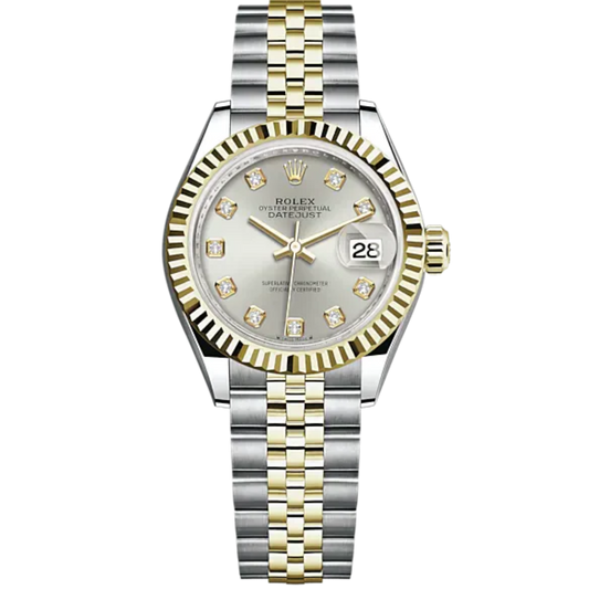 Lady-DateJust 28mm Oystersteel Jubilee Bracelet and Yellow Gold with Silver Dial Diamond-Set Dial Fluted Bezel