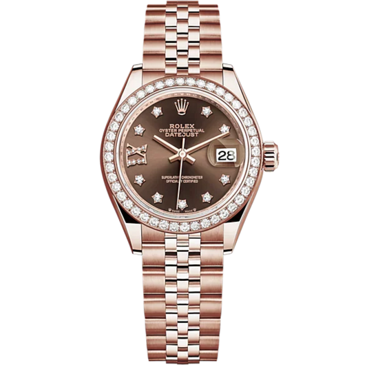 Lady-DateJust 28mm Jubilee Bracelet and 18 KT Everose Gold with Chocolate Dial Diamond-Set Dial Diamond-Set Bezel