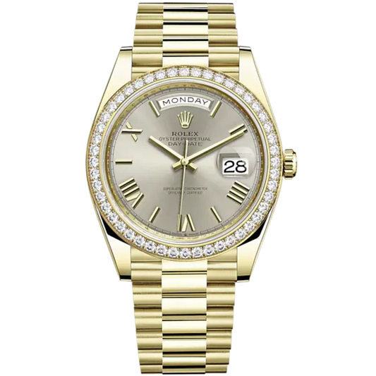 Day-Date 40 40mm President Bracelet and 18 KT Yellow Gold with Silver Dial and Diamond-Set Bezel