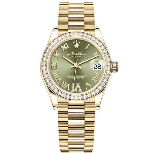 Datejust 31 31mm President Bracelet and 18 CT Yellow Gold with Olive-Green Diamond Dial Diamond-Set Bezel
