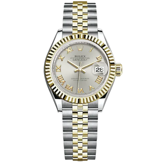 Lady-DateJust 28mm Oystersteel Jubilee Bracelet and Yellow Gold with Silver Roman Dial Fluted Bezel