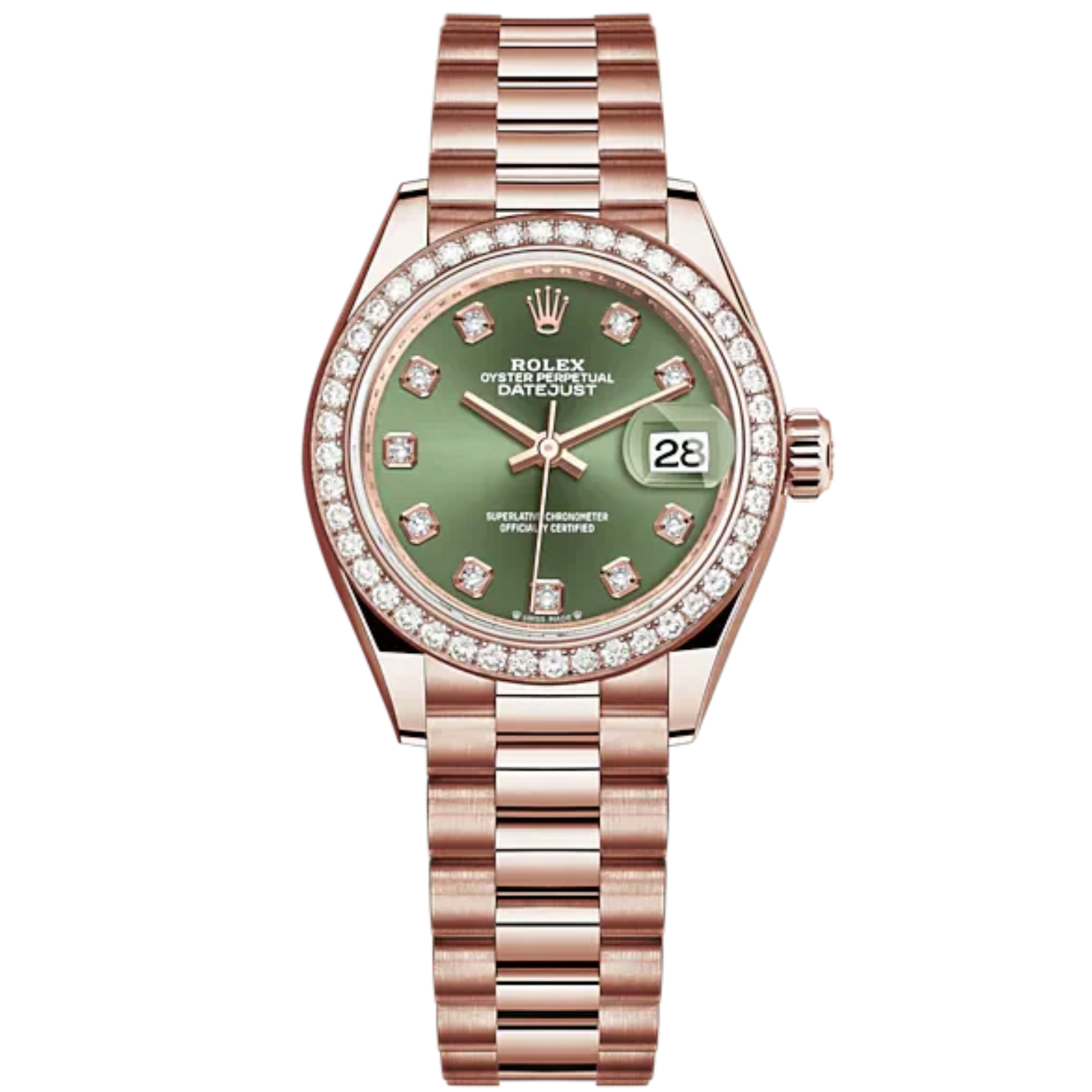 Lady-DateJust 28mm President Bracelet and 18 KT Everose Gold with Olive-Green Dial Diamond-Set Dial Diamond-Set Bezel