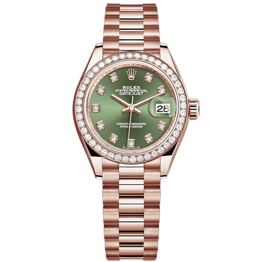 Lady-DateJust 28mm President Bracelet and 18 KT Everose Gold with Olive-Green Dial Diamond-Set Dial Diamond-Set Bezel