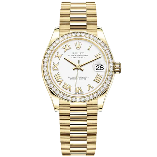 Datejust 31 31mm President Bracelet and 18 CT Yellow Gold with White Dial Diamond-Set Bezel