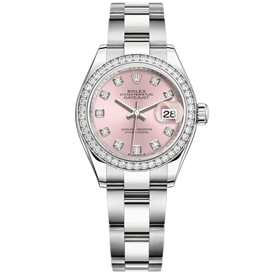 Lady-DateJust 28mm Oyster Oystersteel Bracelet and White Gold with Pink Dial Diamond-Set Dial Diamond-Set Bezel