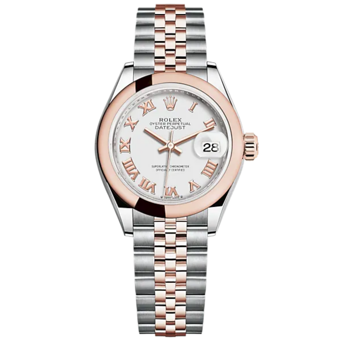 Lady-DateJust 28mm Oystersteel Jubilee Bracelet and Everose Gold with White Dial Domed Bezel