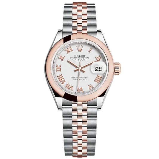 Lady-DateJust 28mm Oystersteel Jubilee Bracelet and Everose Gold with White Dial Domed Bezel