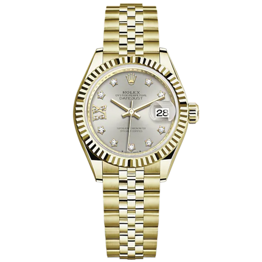 Lady-DateJust 28mm Jubilee Bracelet and 18 KT Yellow Gold with Silver Dial Diamond-Set Dial Fluted Bezel