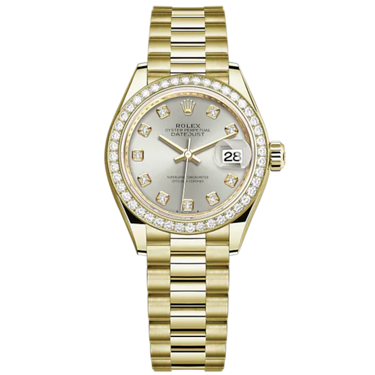 Lady-DateJust 28mm President Bracelet and 18 KT Yellow Gold with Silver Dial Diamond-Set Dial Diamond-Set Bezel