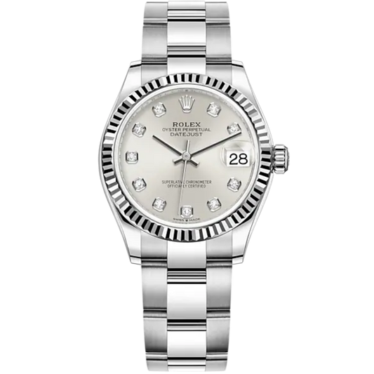 Datejust 31 31mm Oyster Bracelet Oystersteel and White Gold with Silver Diamond-Set Dial Fluted Bezel